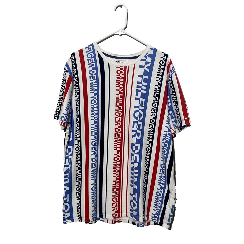 Tommy Hilfiger Denim Men's Y2K Style T-Shirt Size XL All Over Spellout Logo